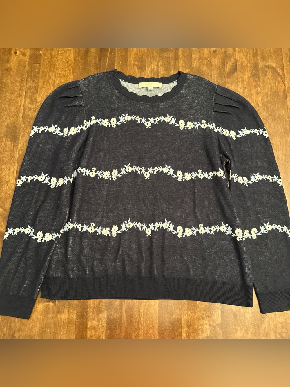 LOFT Floral Puff Sleeve Sweater Navy Blue Size XL Lightweight Cottagecore Office